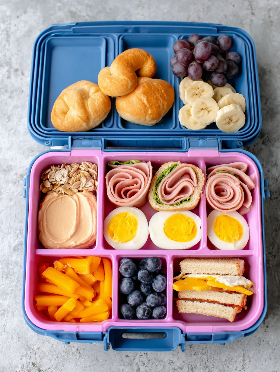 A blue lunch box filled with various foods.