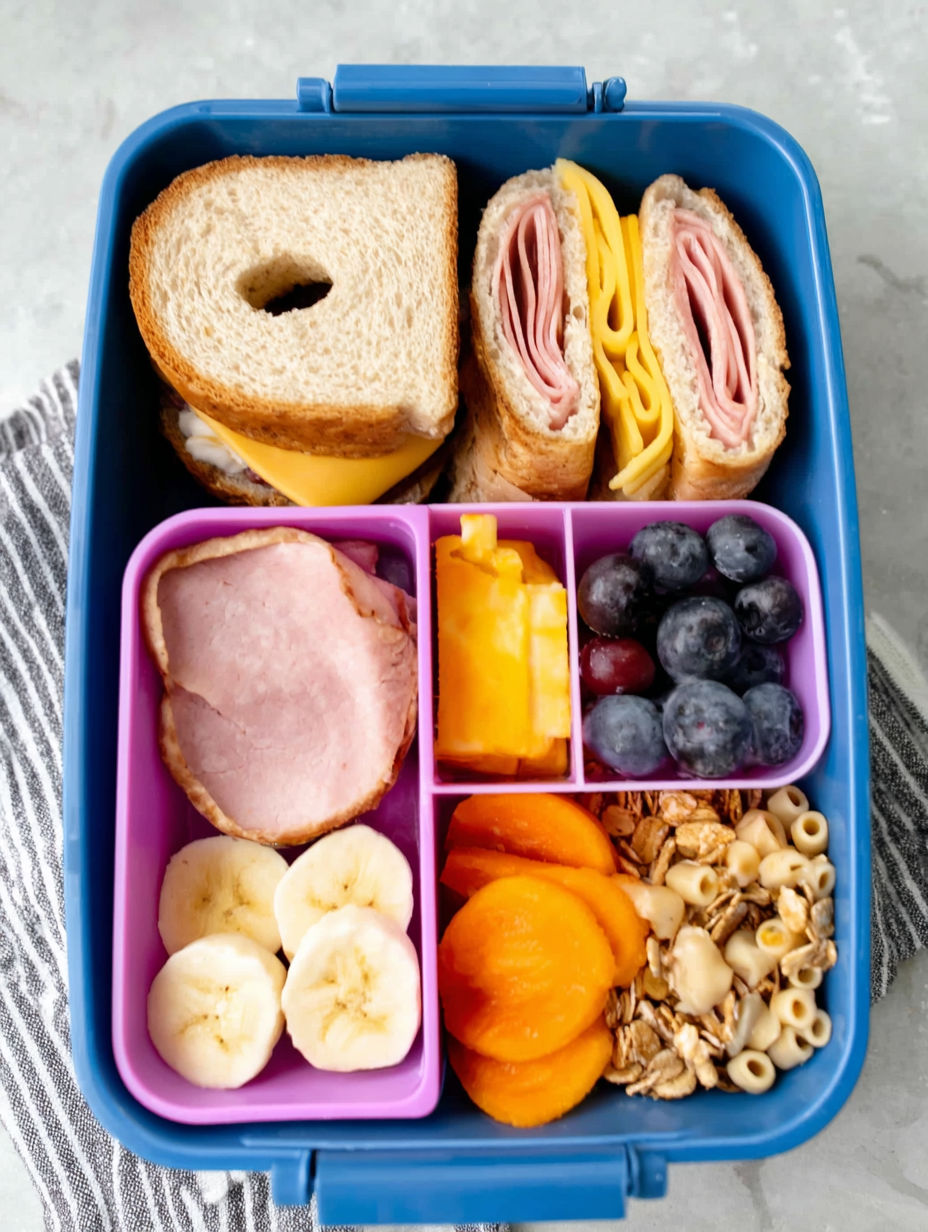 A blue lunch box with a variety of foods including a sandwich, fruit, and nuts.