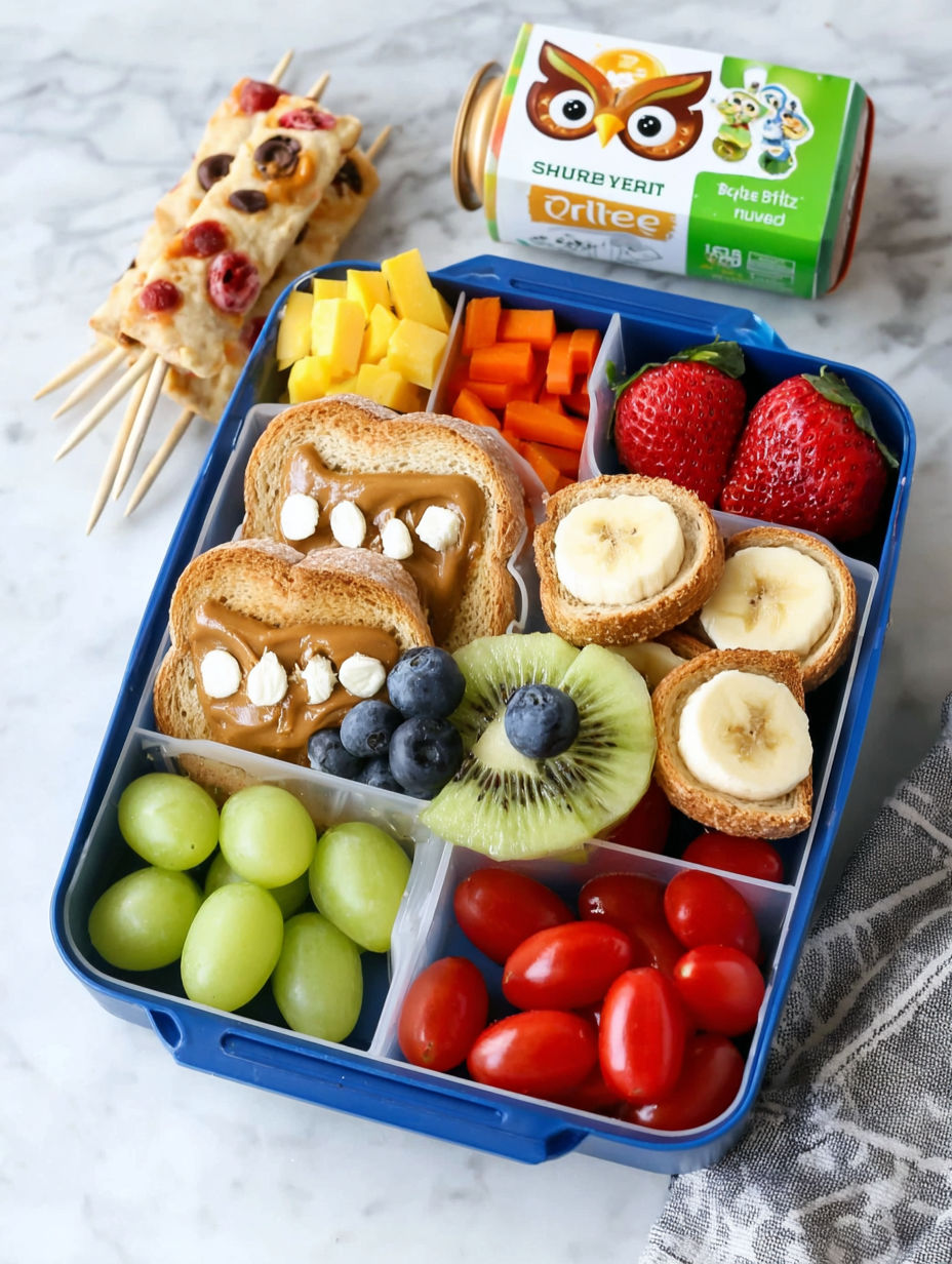 A blue lunch box filled with a variety of fruits and vegetables.