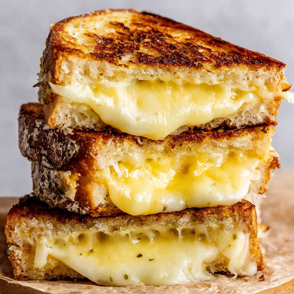 Three grilled cheese sandwiches stacked on top of each other.