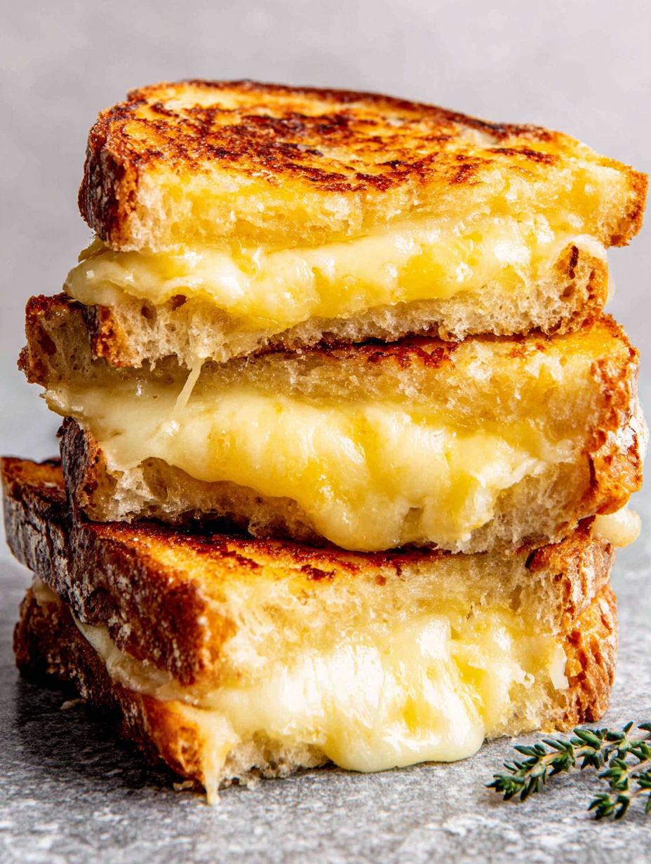 Three grilled cheese sandwiches stacked on top of each other.