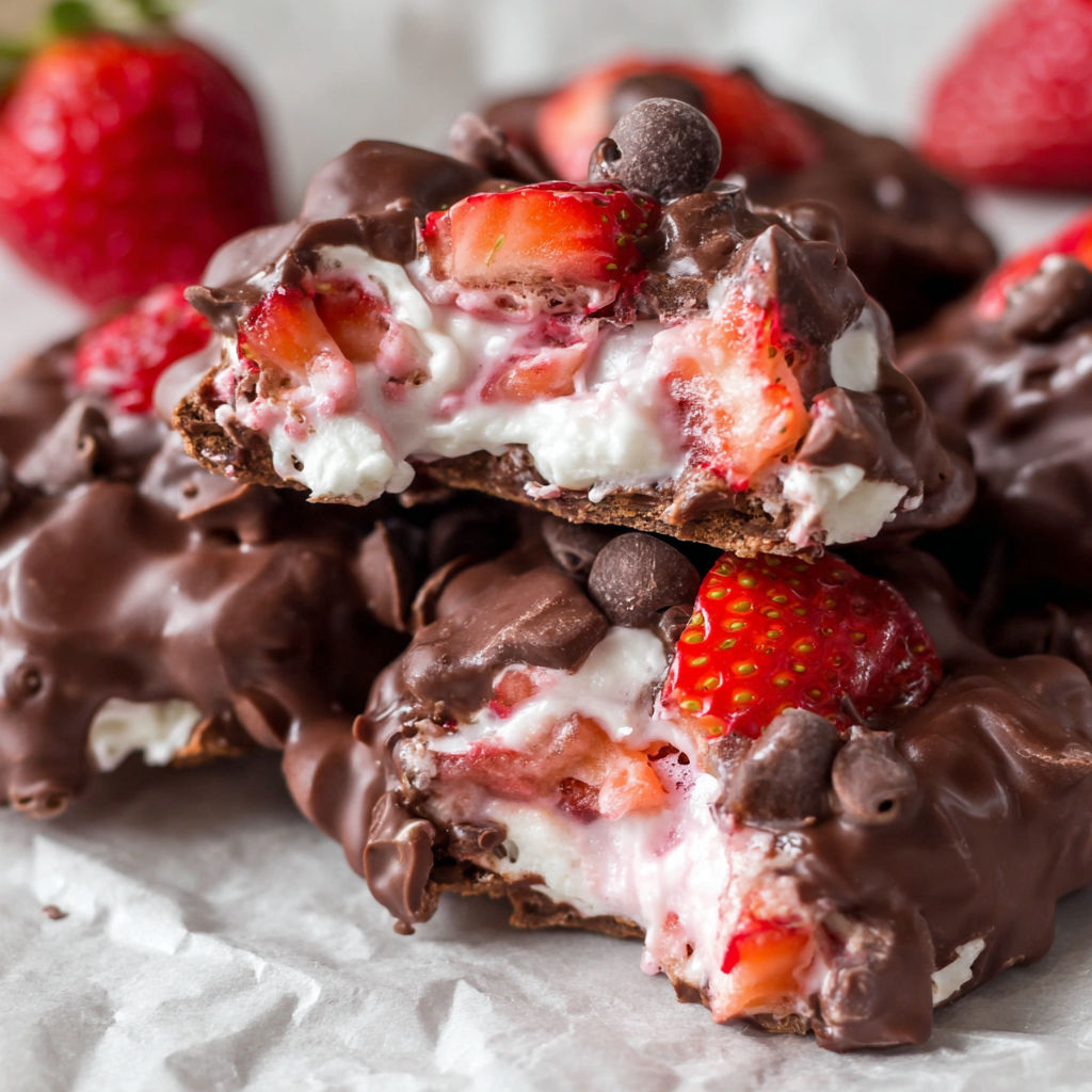 A close up of a chocolate and strawberry yogurt cluster.