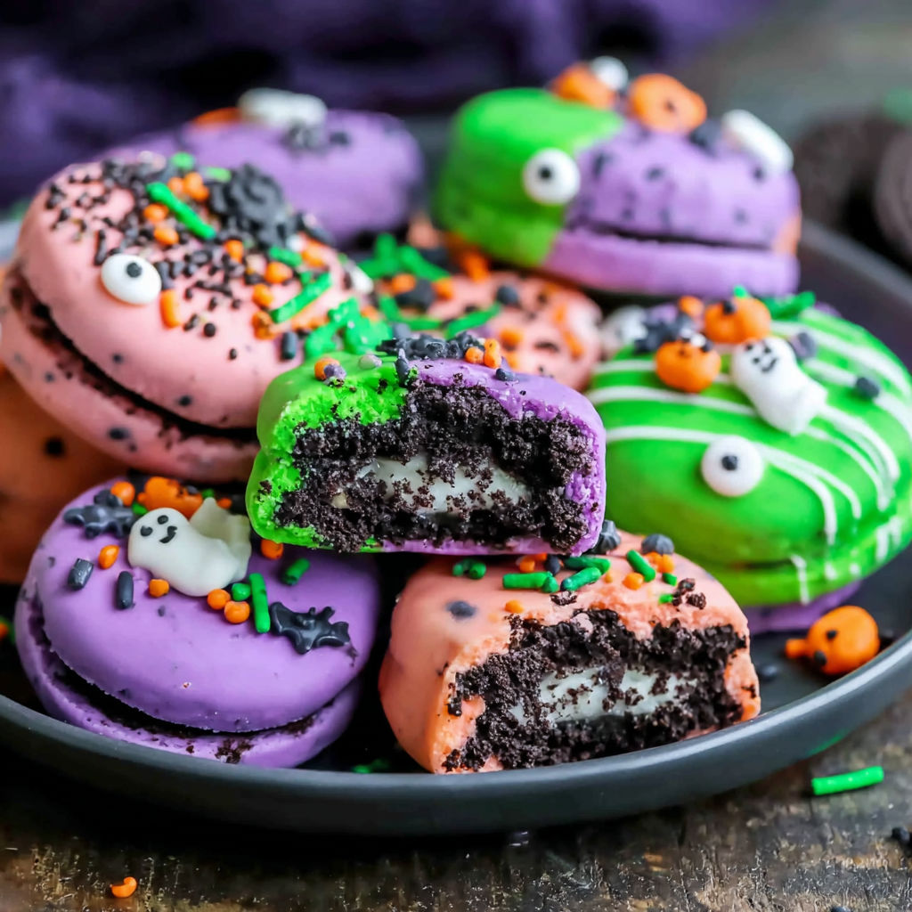 A plate of Halloween chocolate covered Oreos.