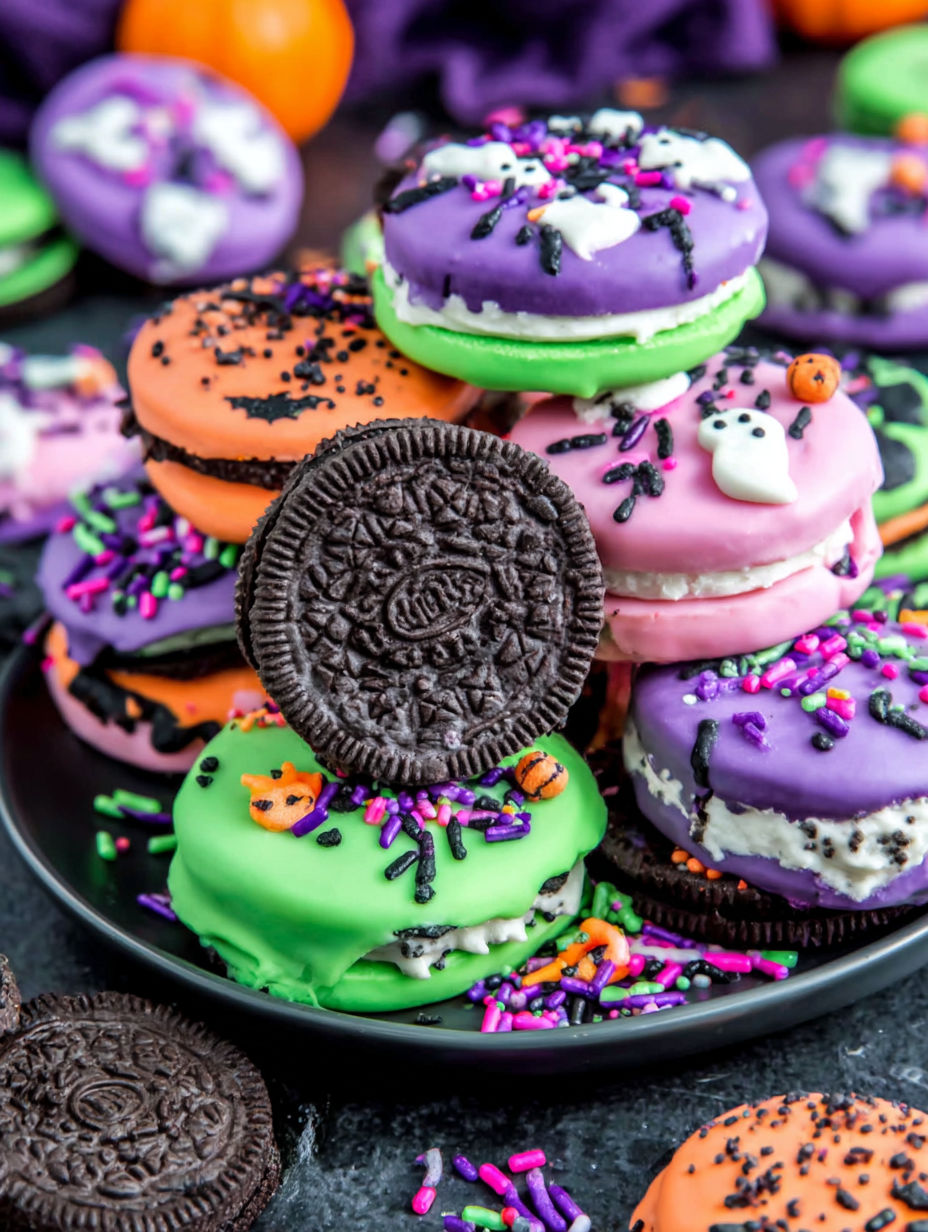 A plate of Halloween chocolate covered Oreos.