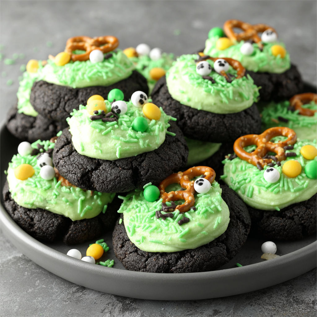 A plate of green and brown cookies.