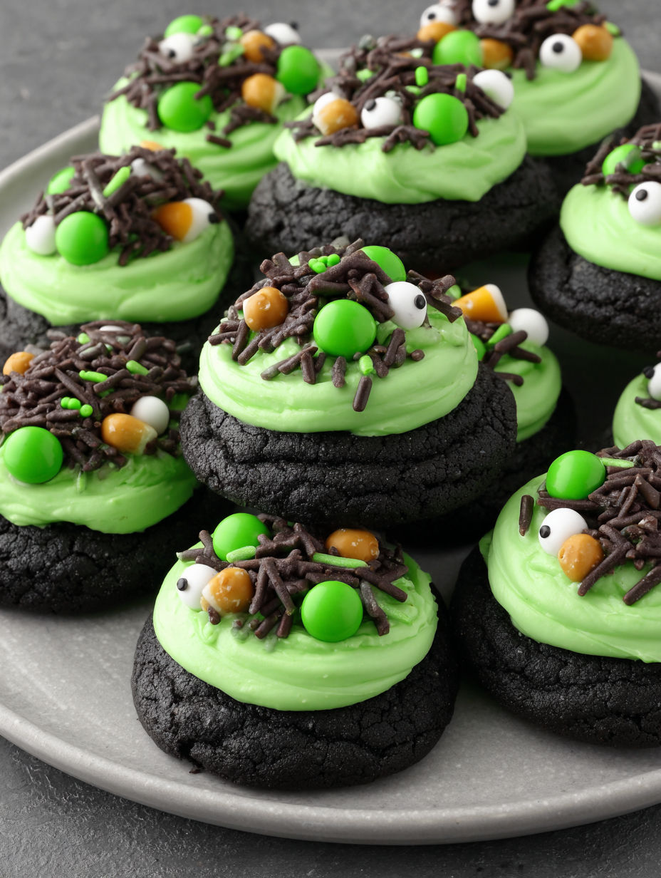 A plate of green and black cookies.
