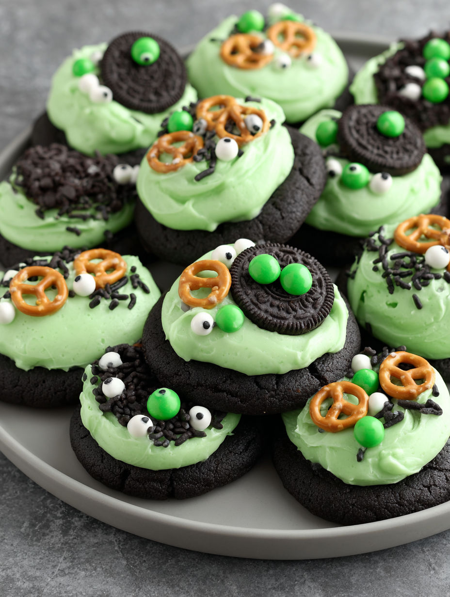 A plate of green and black cookies.