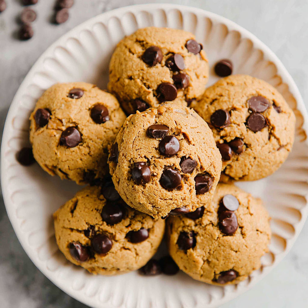 A plate of chocolate chip cookies.