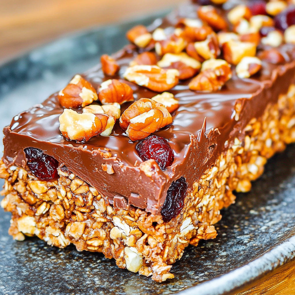 A close up of a granola bar with nuts and berries.