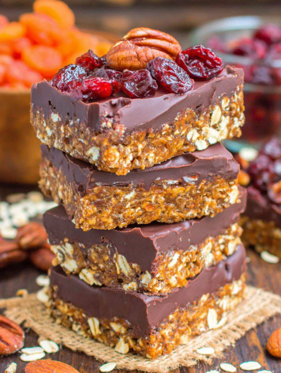 A stack of three chocolate granola bars.