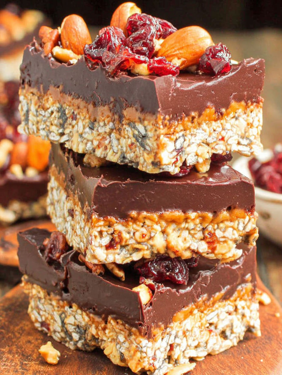 Three layers of chocolate and granola bars.