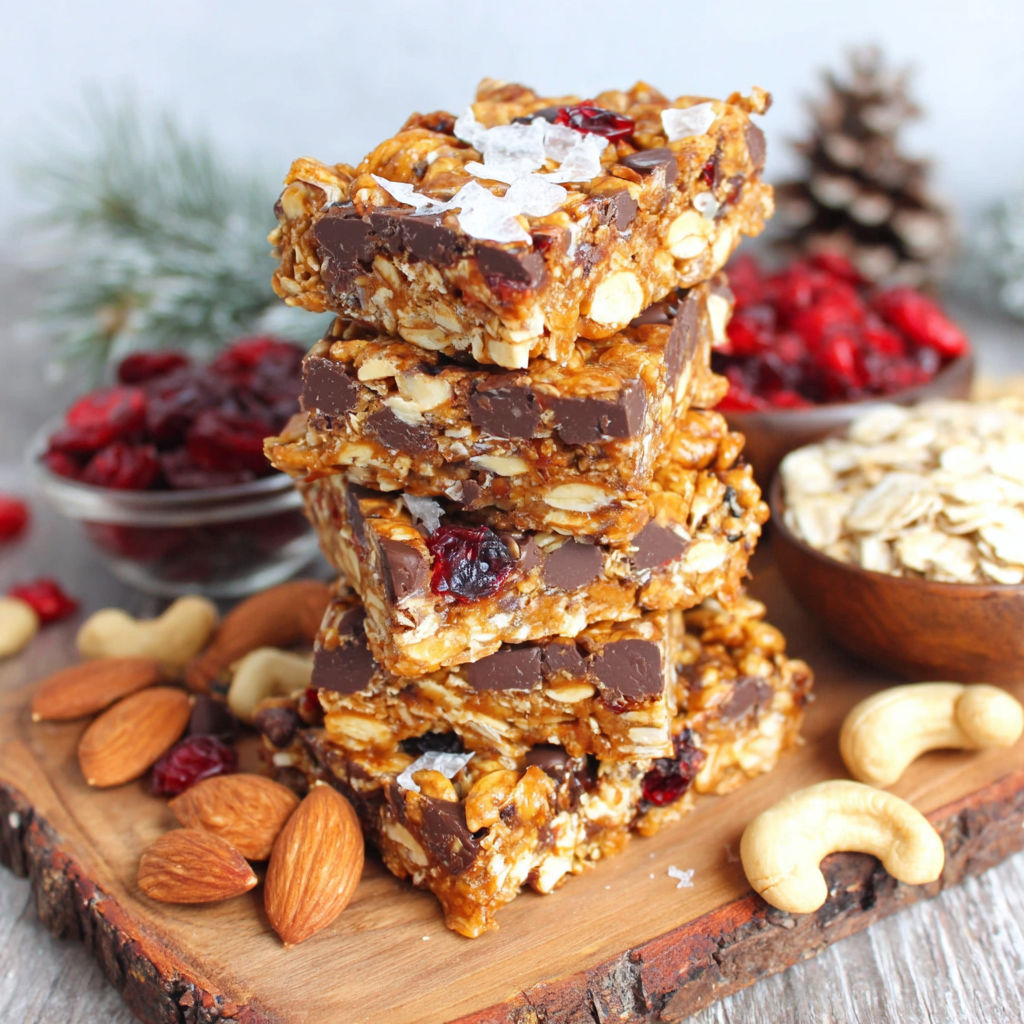 A stack of granola bars with nuts and raisins.