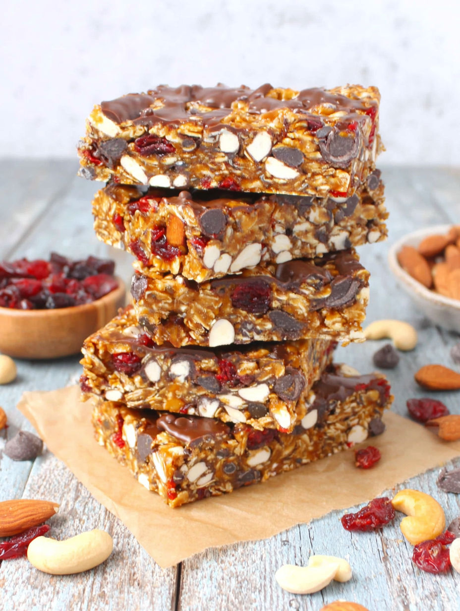 A stack of four granola bars with chocolate topping.