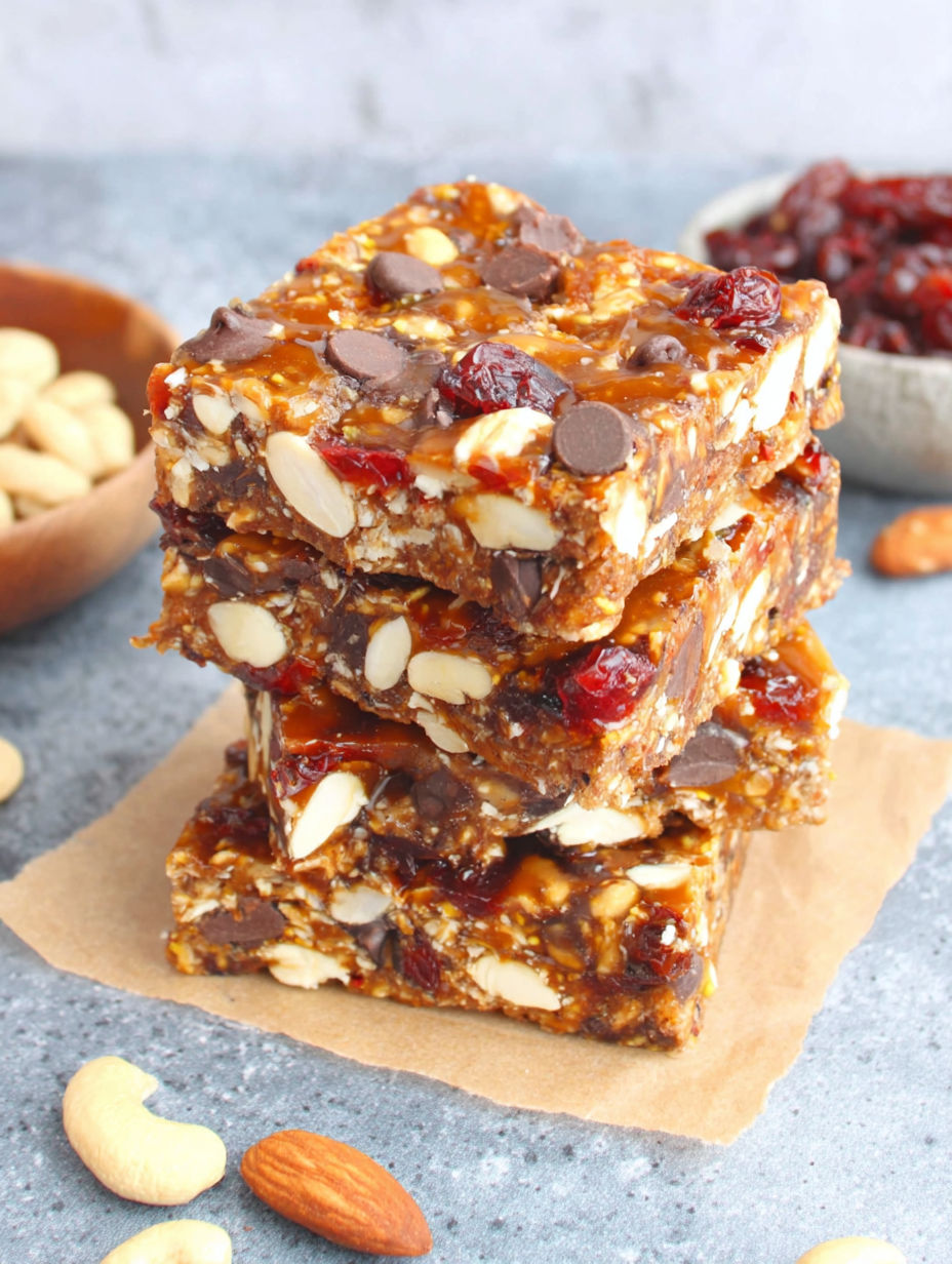 A stack of granola bars with chocolate chips and nuts.