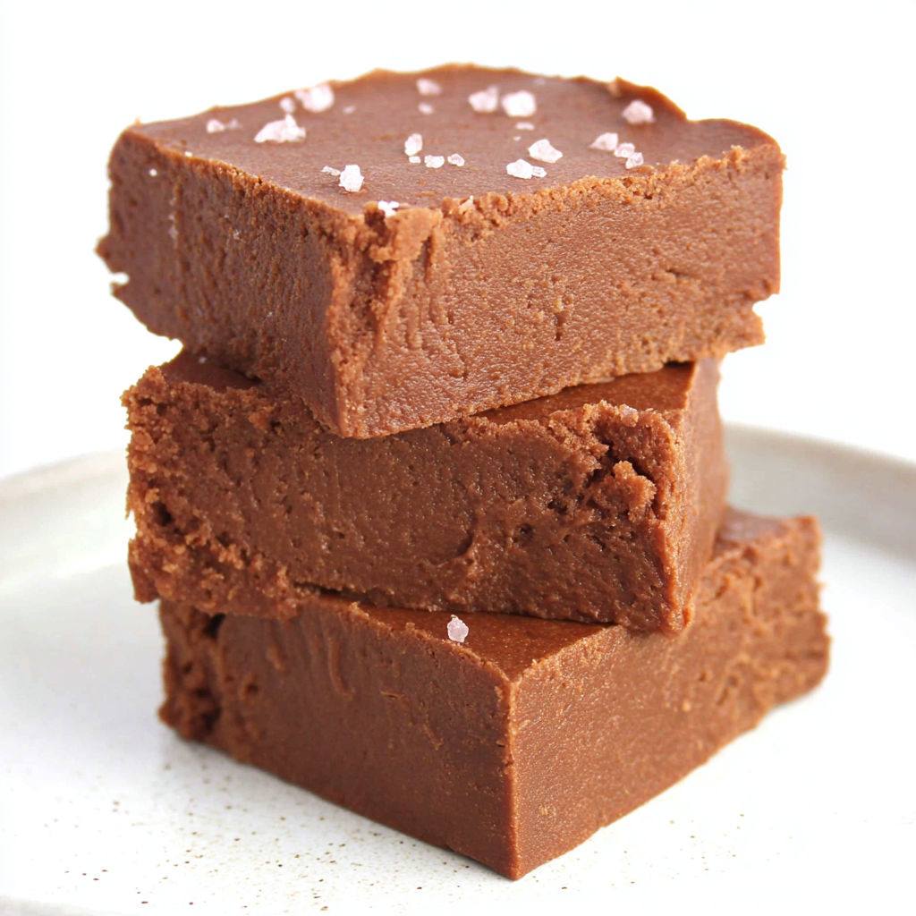 Three stacks of brownies with salt on top.