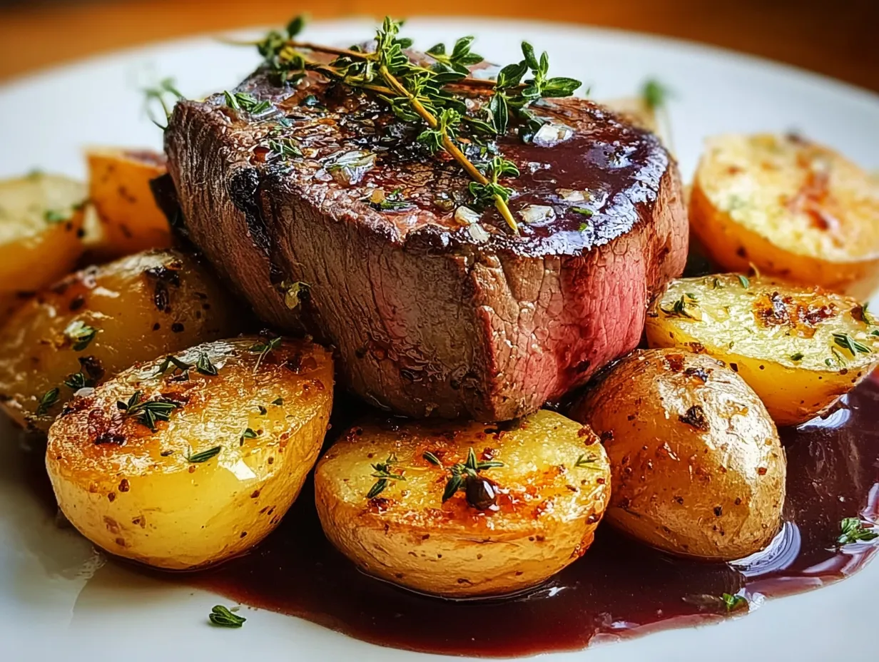 A plate of food with a steak and potatoes.