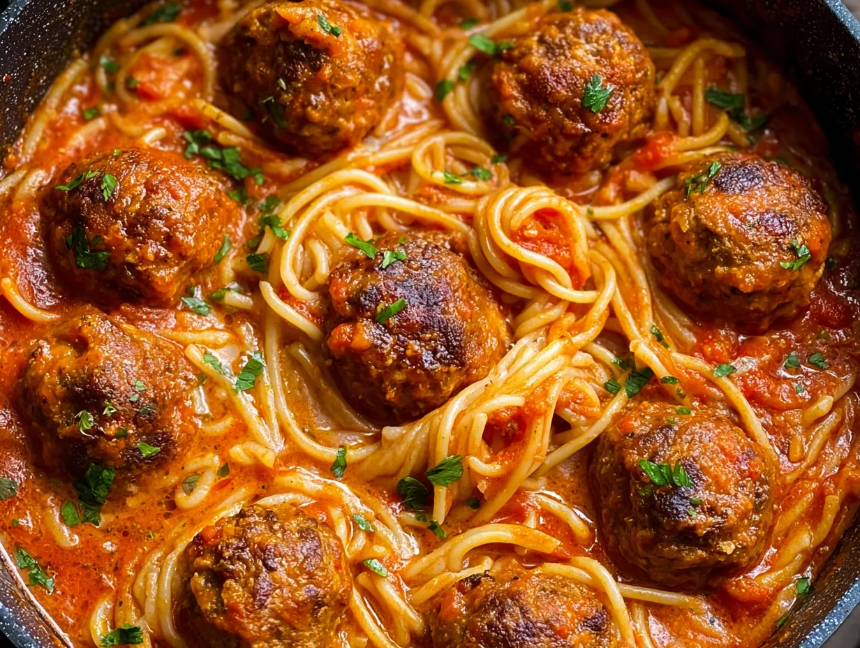 A bowl of spaghetti with meatballs and sauce.