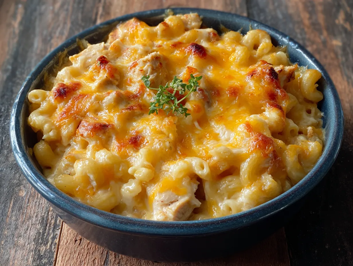 A bowl of macaroni and cheese with chicken.