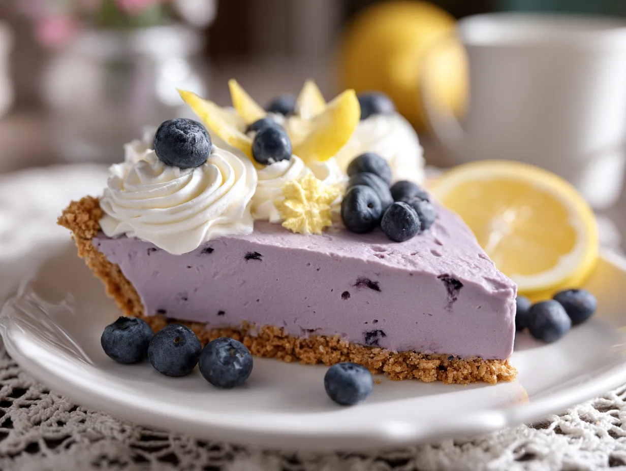 A slice of blueberry cheesecake with blueberries on top.