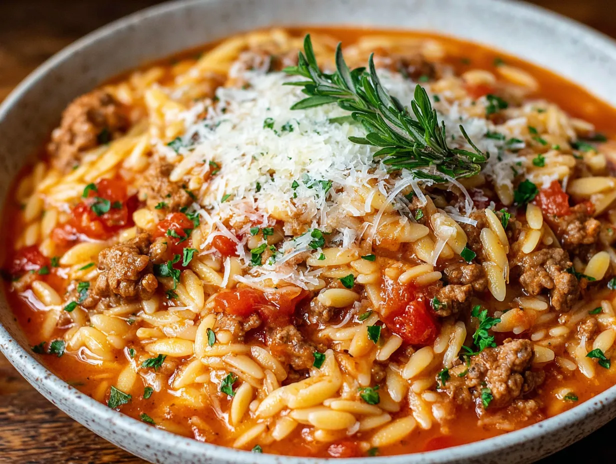 A bowl of pasta with meat and cheese.