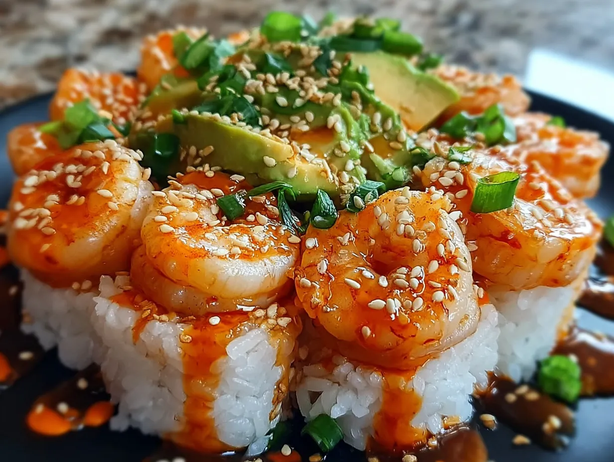 A plate of shrimp and rice with a spicy sauce.