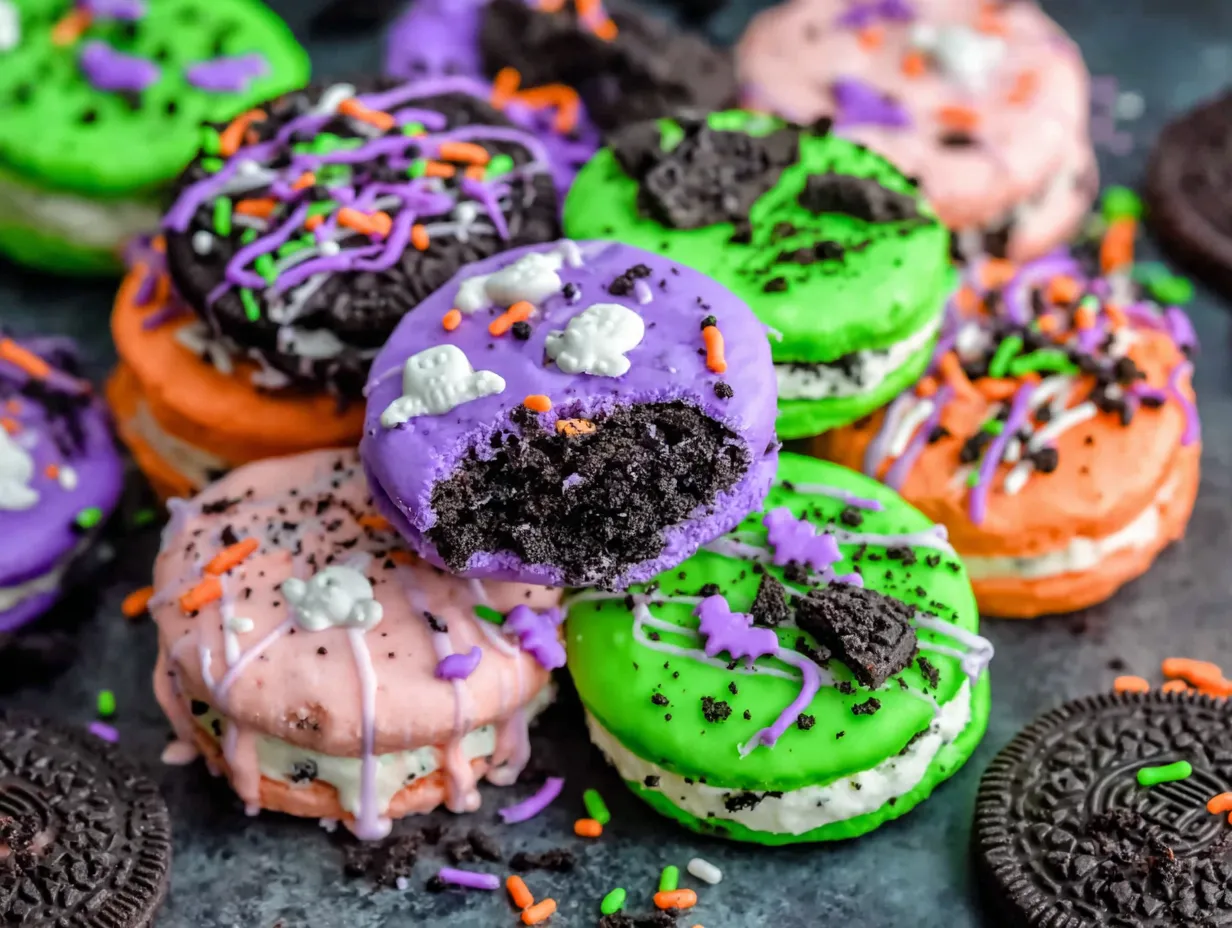 Halloween themed cookies with black and green frosting.