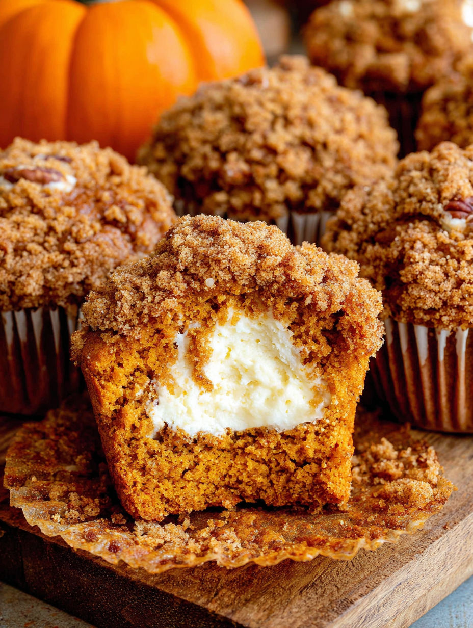 A close up of a pumpkin cream cheese muffin.