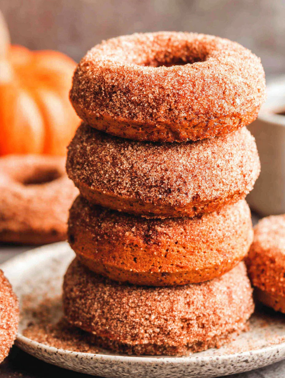 Pumpkin spice baked donuts stacked on top of each other.