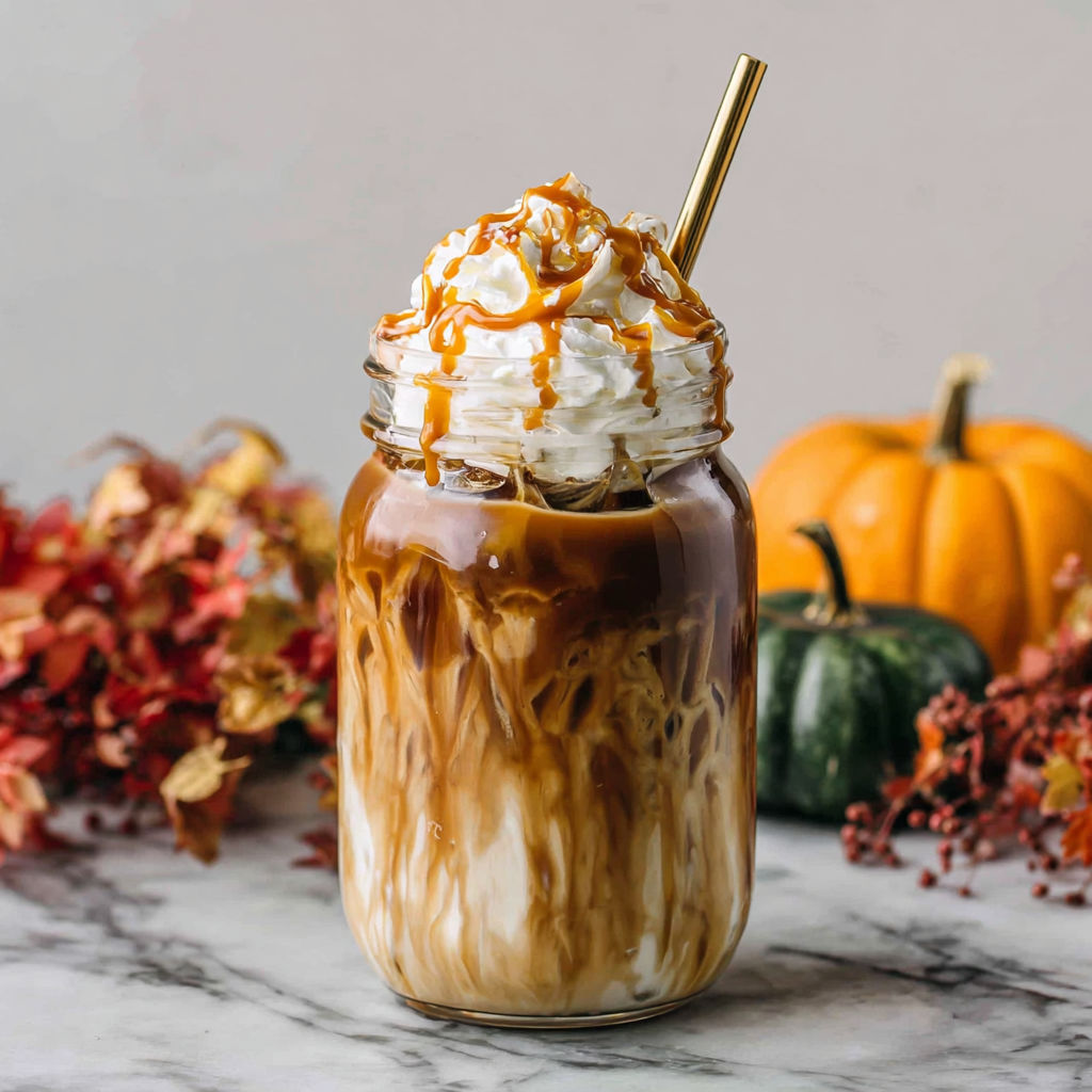 A glass of Caramel Pumpkin Spice Iced Coffee.