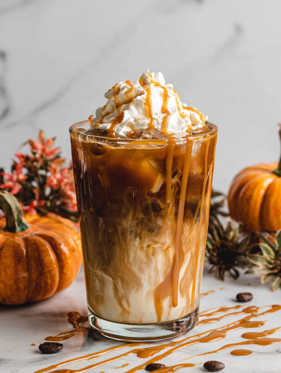 A glass of caramel pumpkin spice iced coffee.