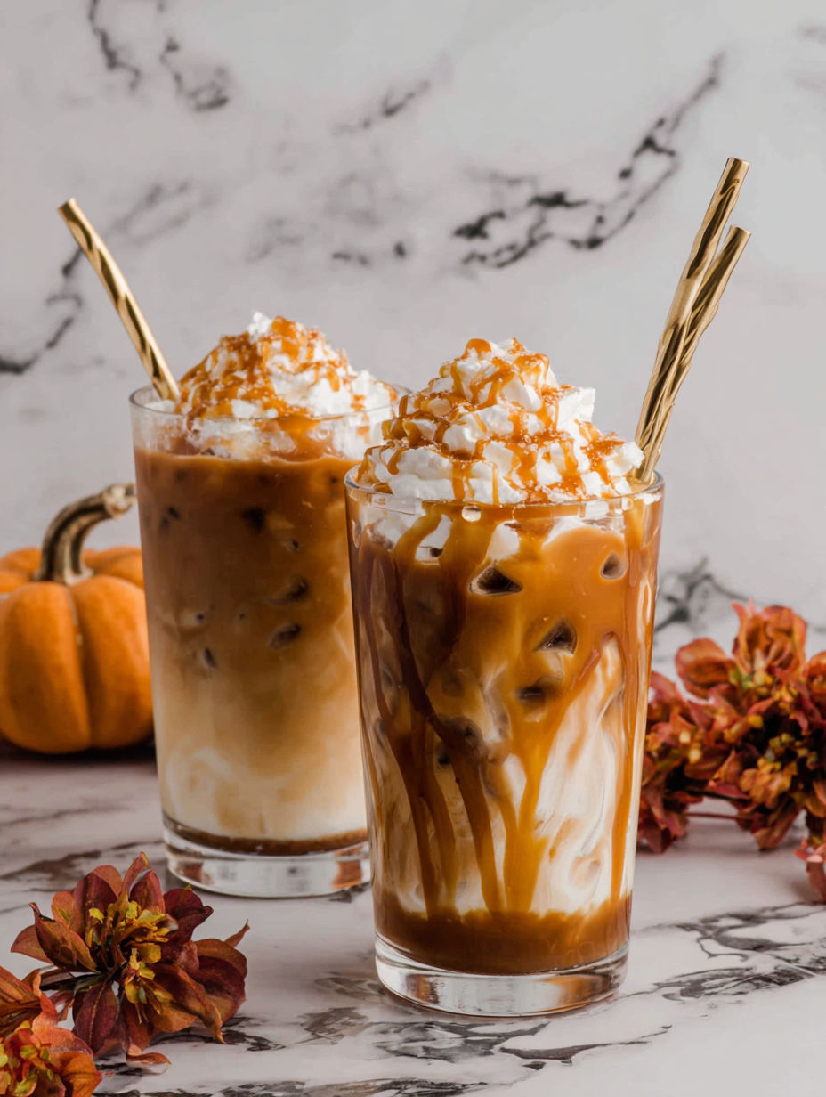 Two glasses of Caramel Pumpkin Spice Iced Coffee.