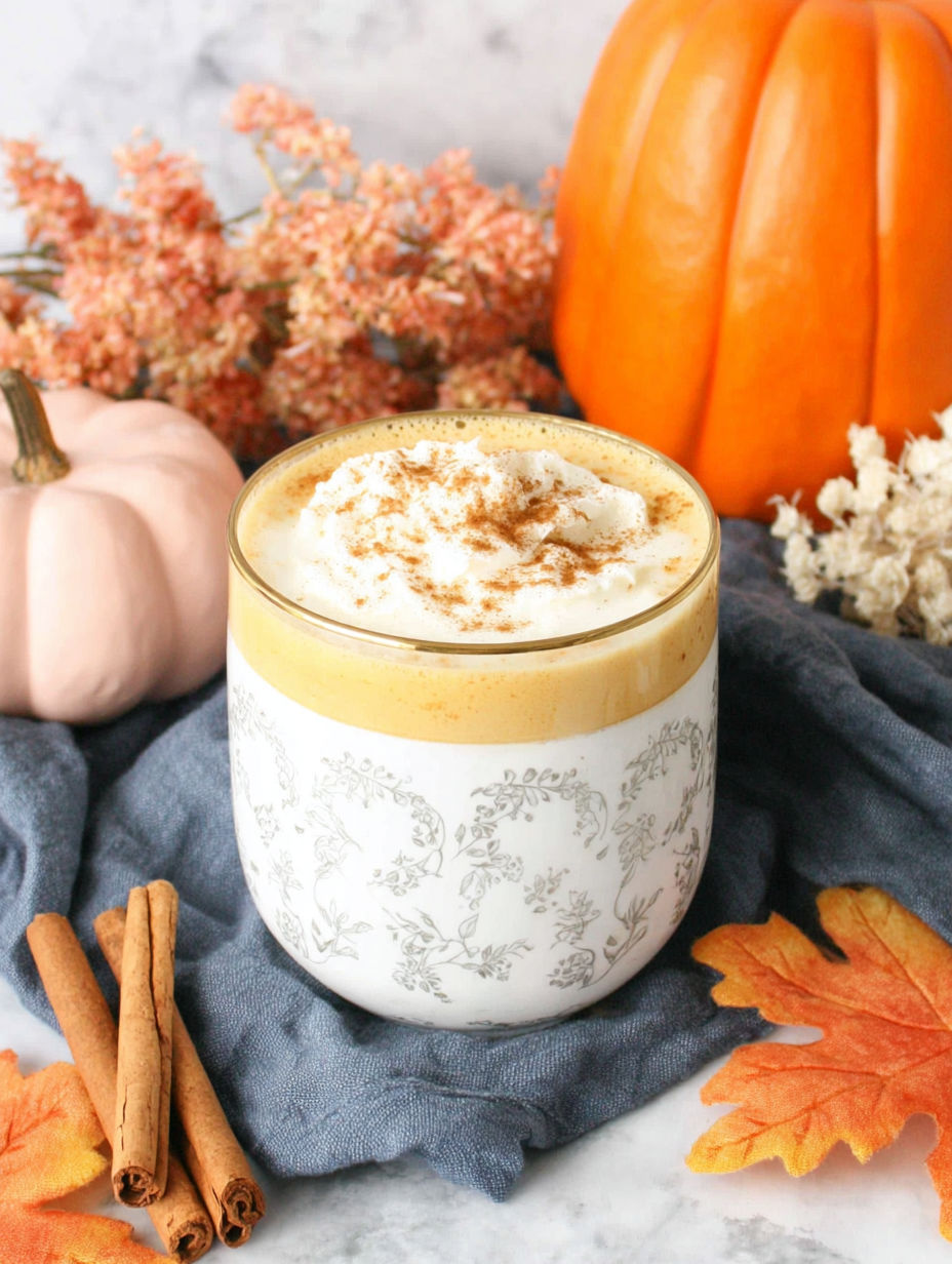 A glass of pumpkin spice milk with a pumpkin and leaves in the background.