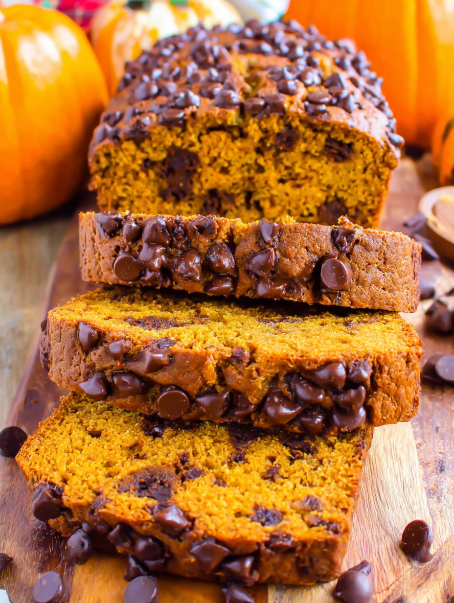 A slice of pumpkin bread with chocolate chips.