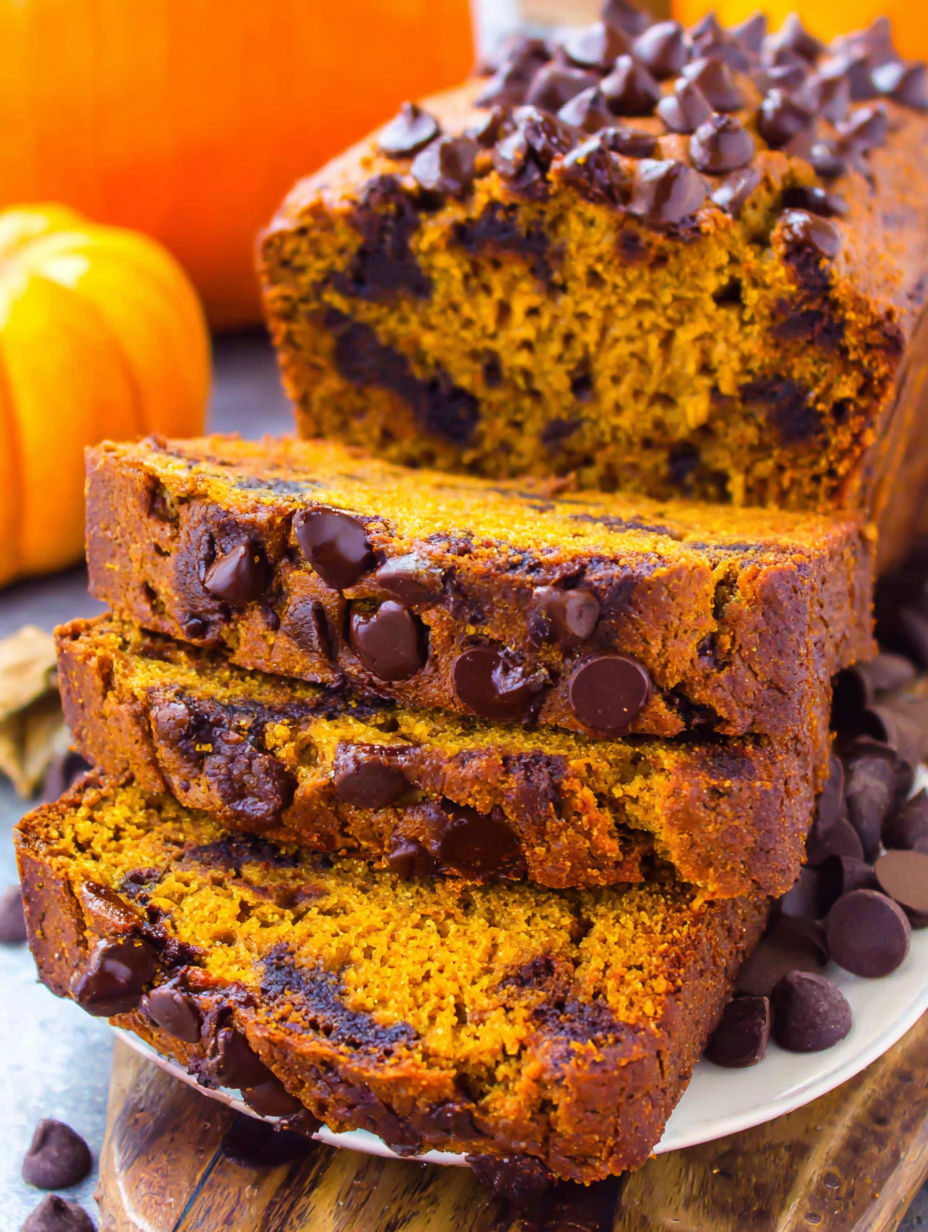A slice of pumpkin bread with chocolate chips.