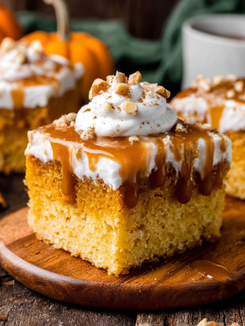 A slice of cake with caramel sauce and nuts on top.