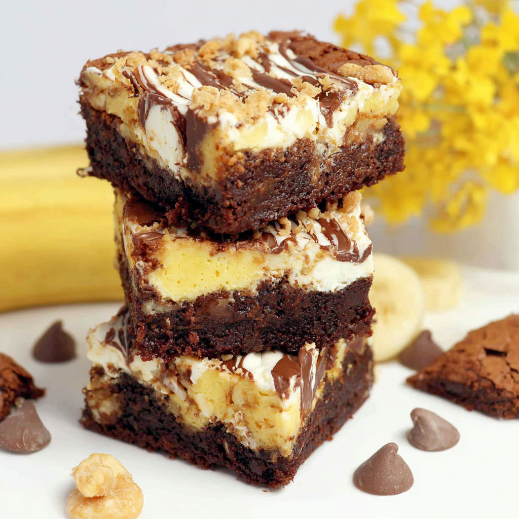 Three pieces of brownies with banana pudding toppings.