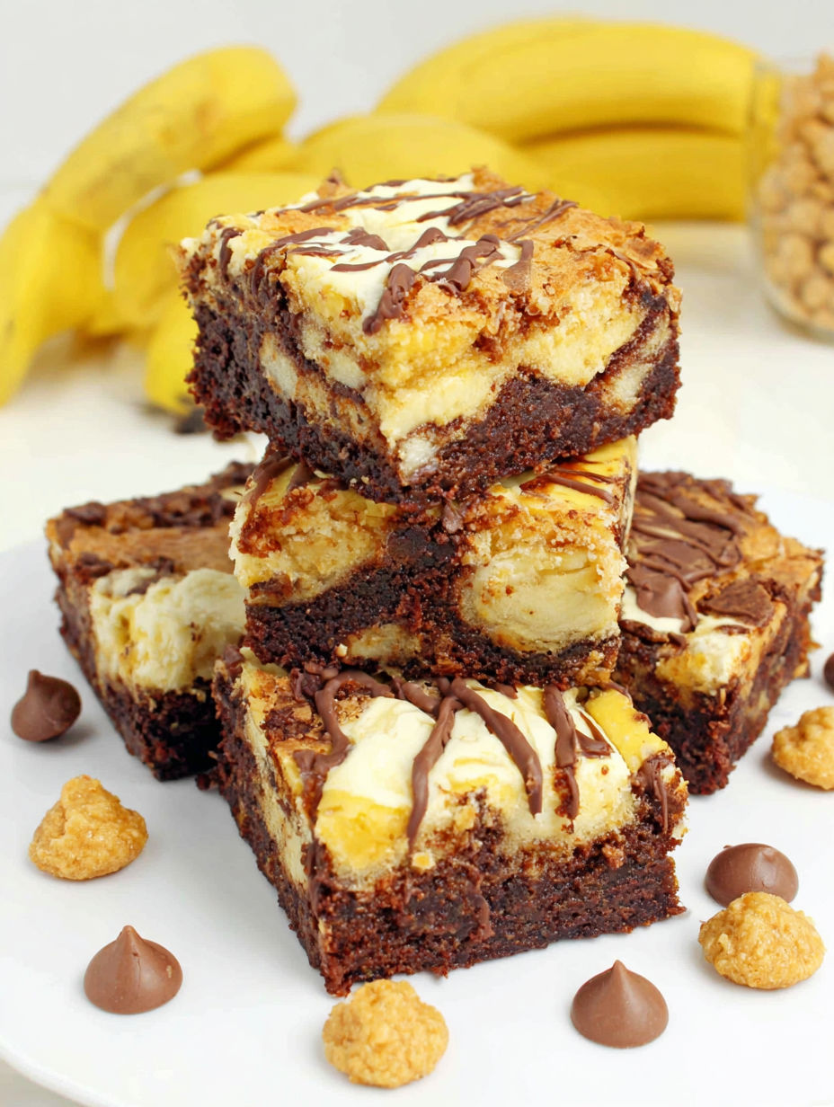 Three pieces of brownies with banana pudding.