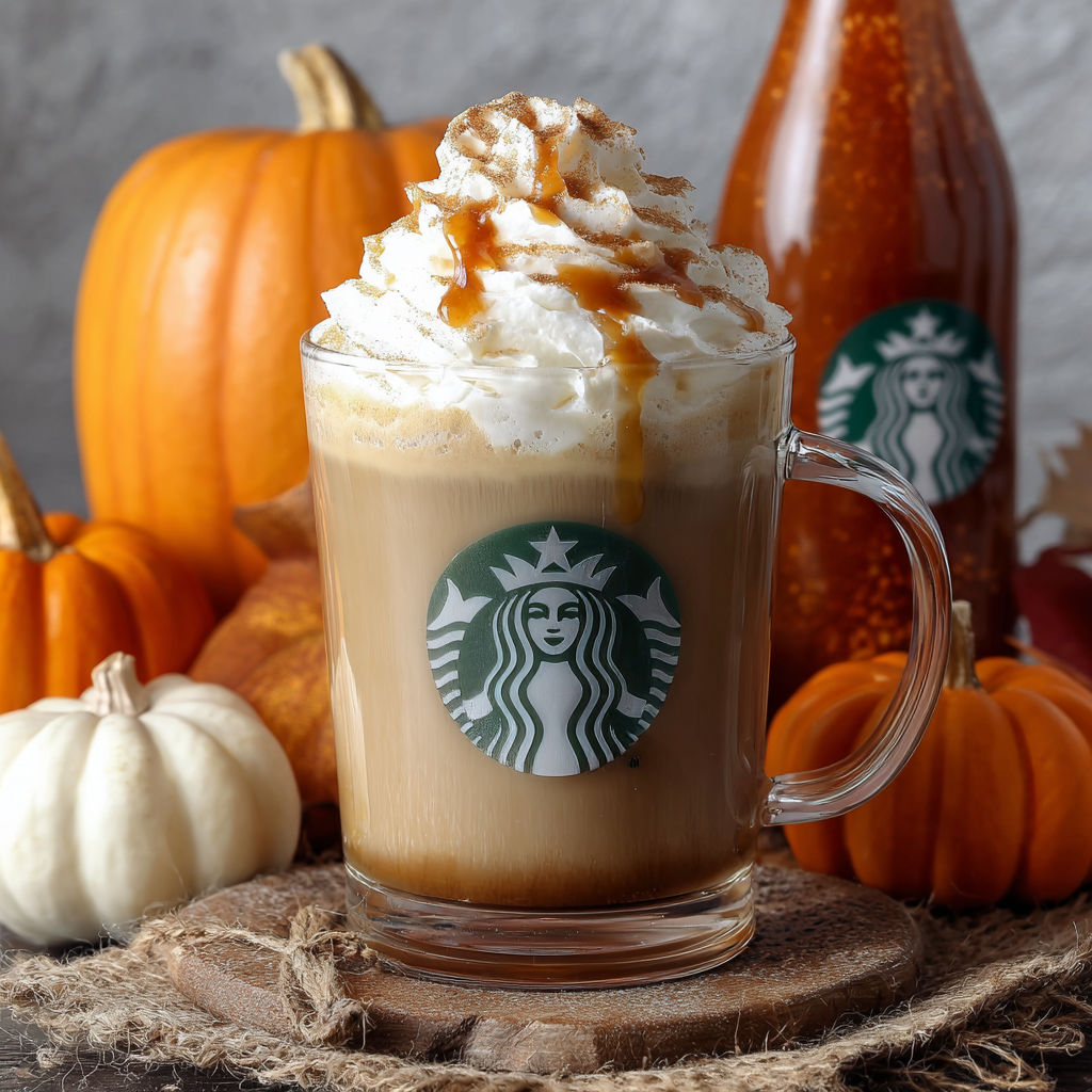 A Starbucks Pumpkin Spice Latte with whipped cream and caramel drizzle.