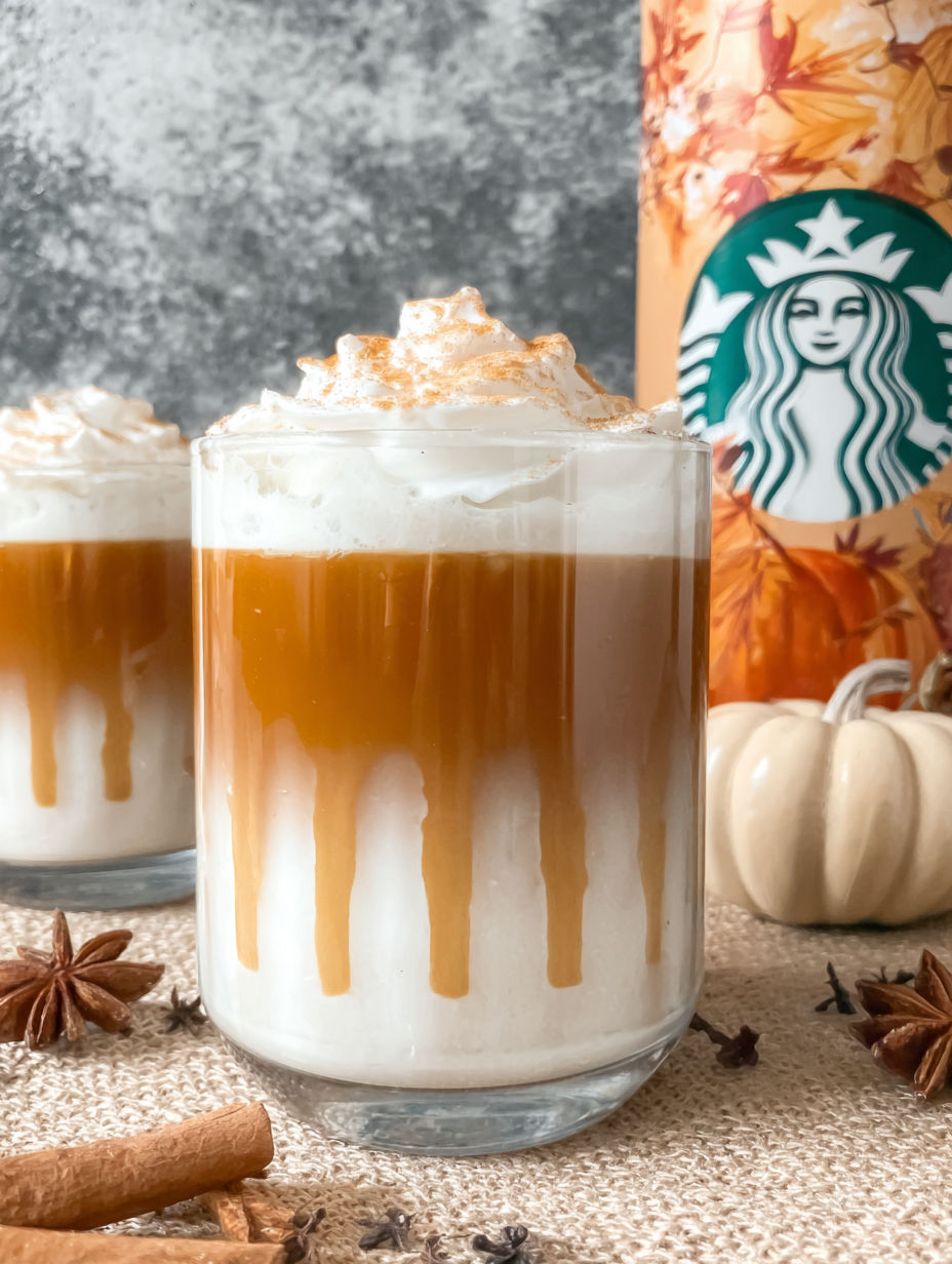 A glass of Starbucks Pumpkin Spice Latte.
