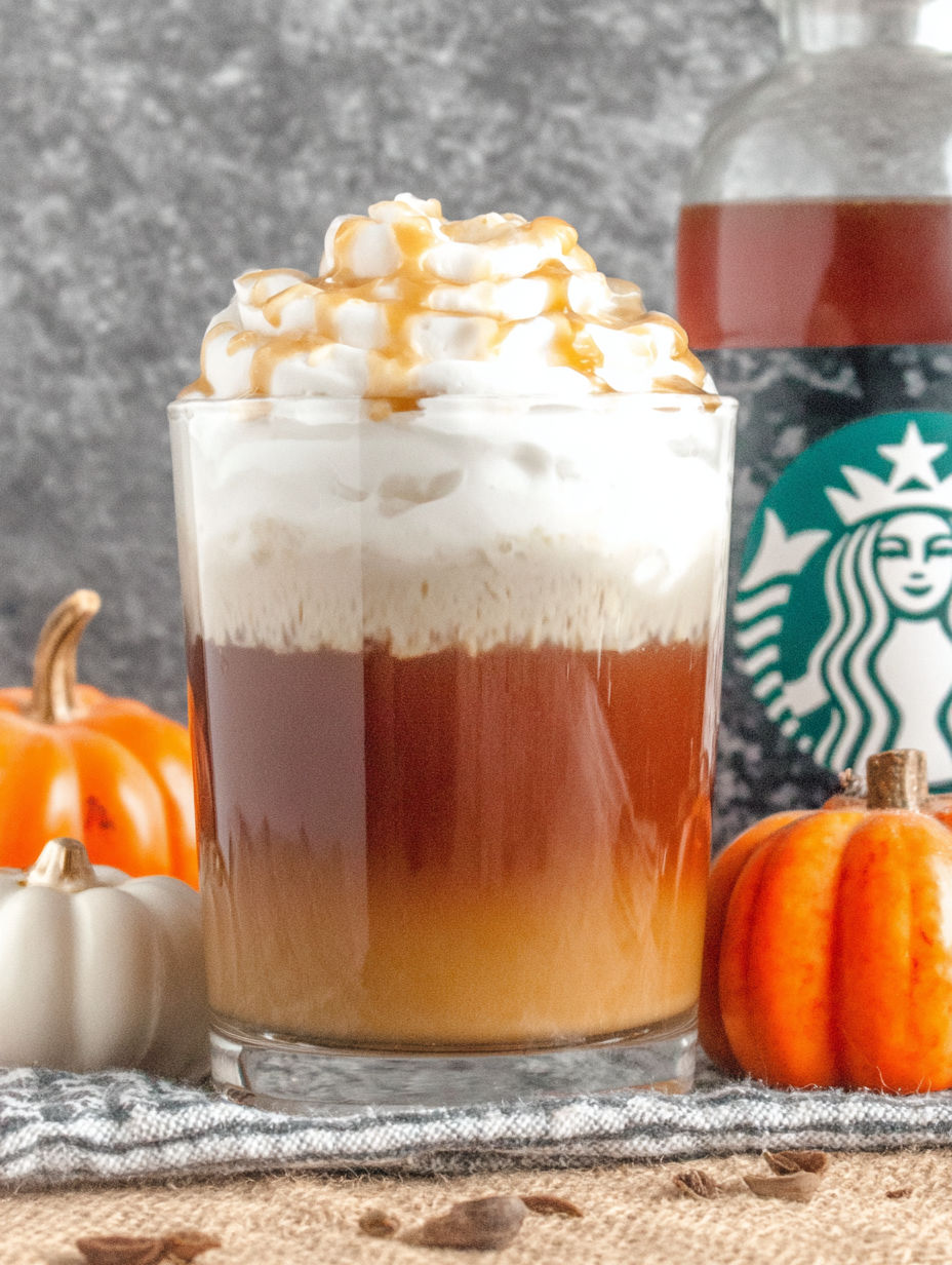A glass of Starbucks Pumpkin Spice Latte.