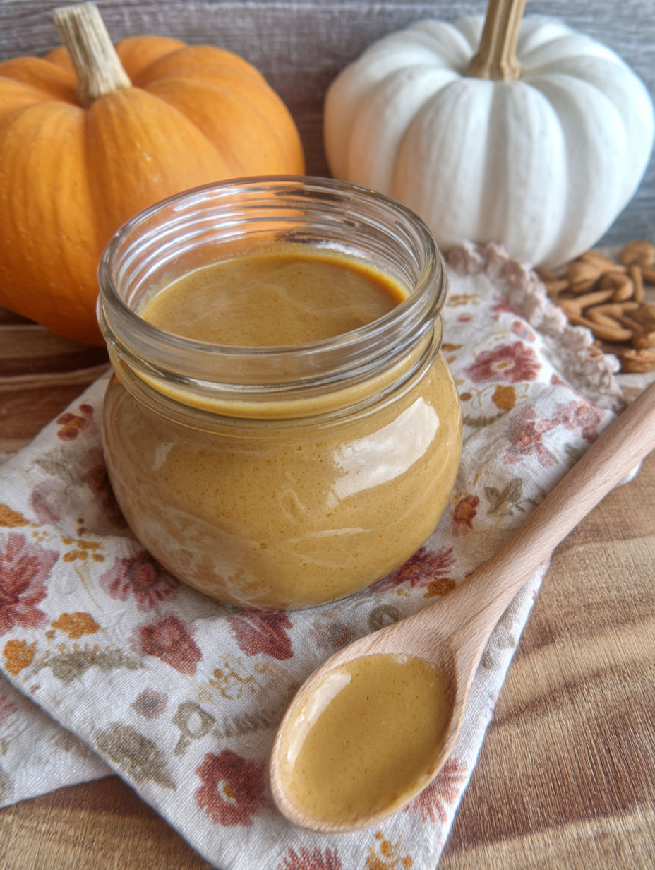 A jar of pumpkin pie sauce is on a table.