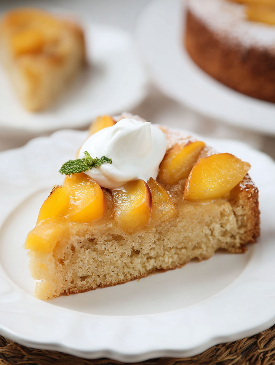 A slice of peach cake with whipped cream on top.