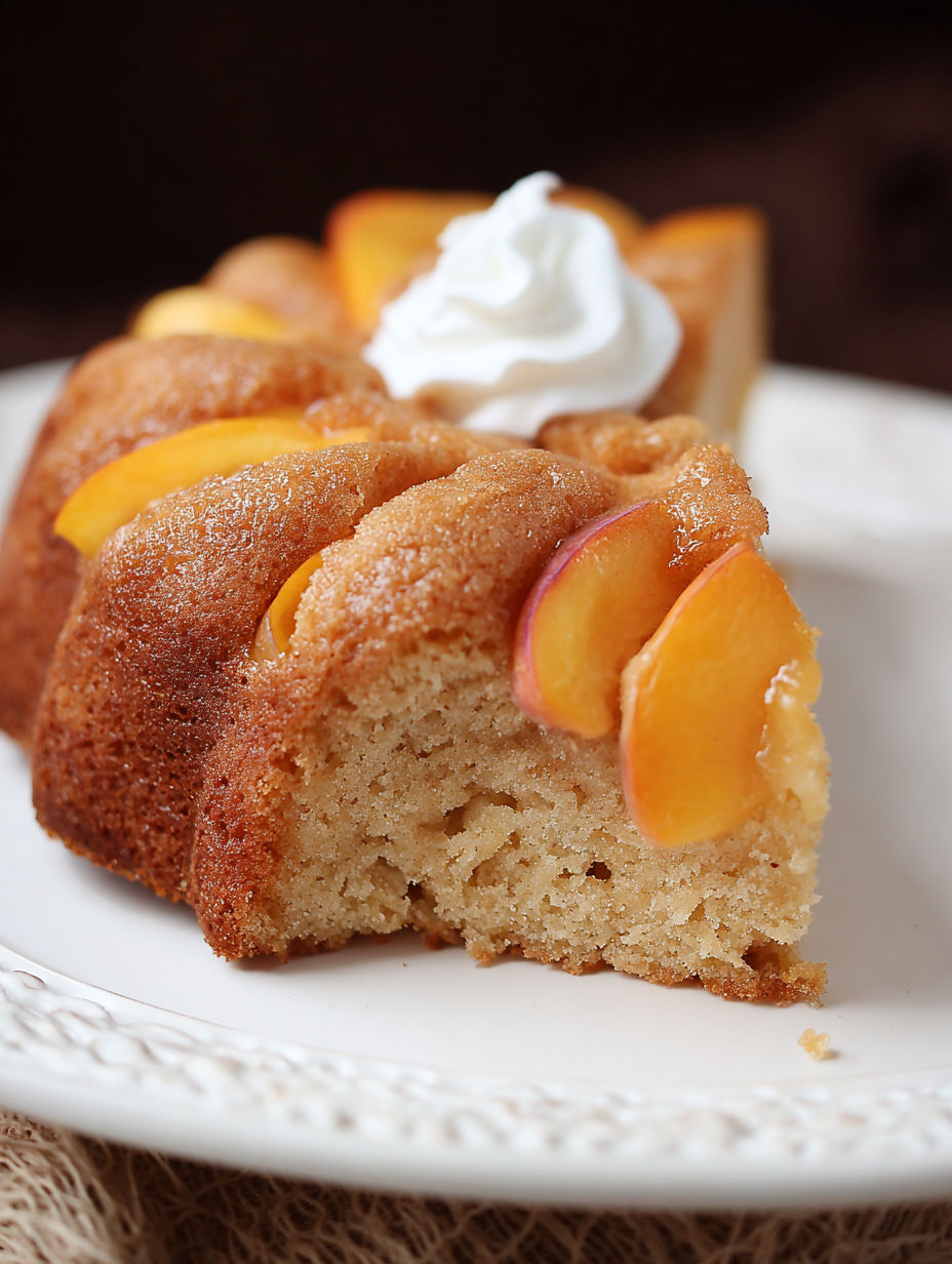 A slice of peach cake with whipped cream on top.