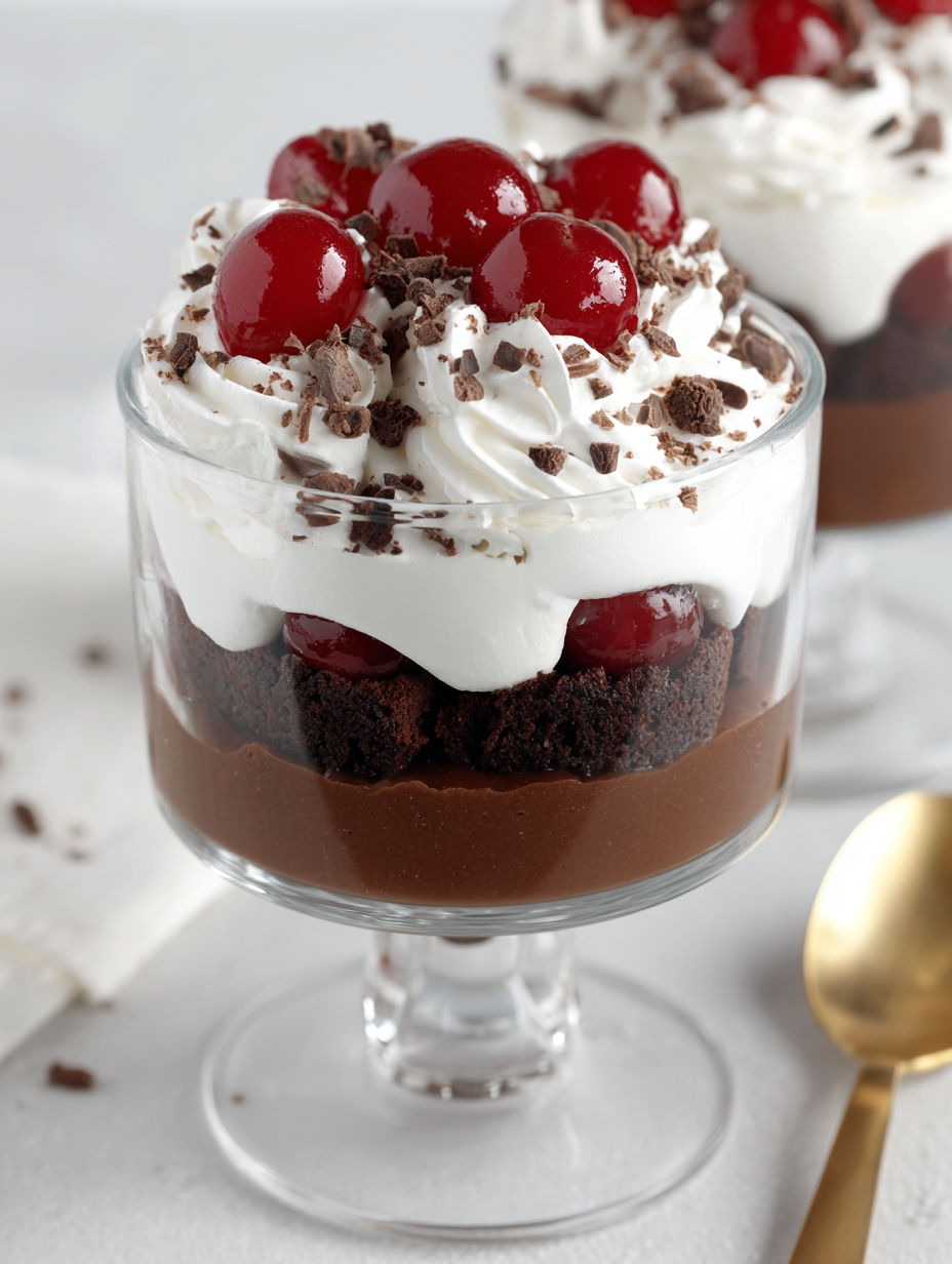 A glass of chocolate dessert with cherries on top.