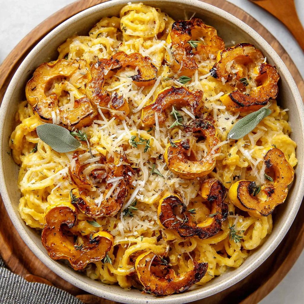 A dish of pasta with roasted delicata squash.