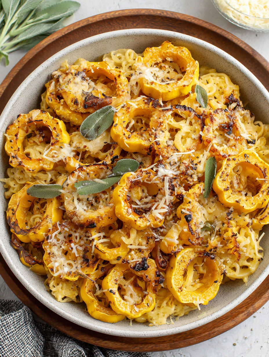 A bowl of pasta with roasted delicata squash.