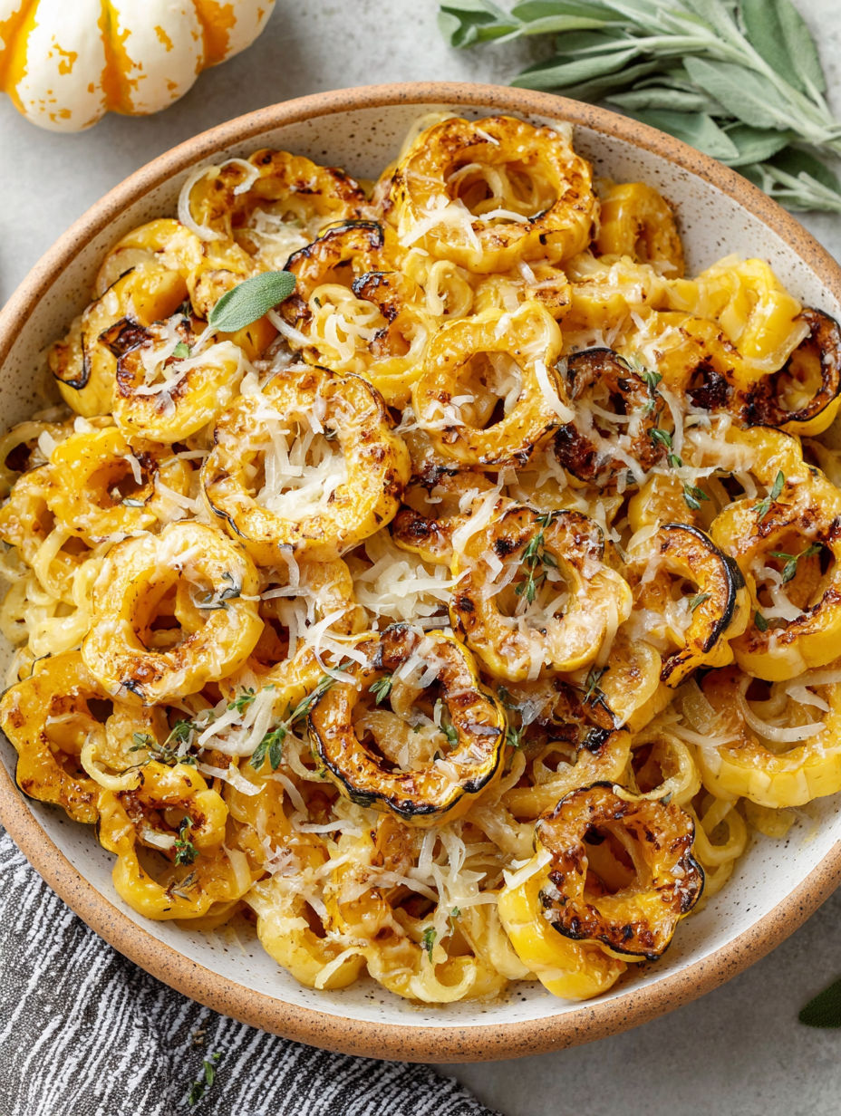 A bowl of roasted delicata squash pasta.