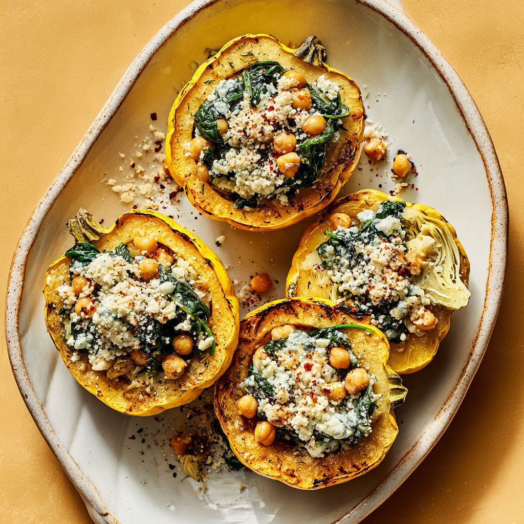 A plate of roasted carnival squash with savory chickpea filling.