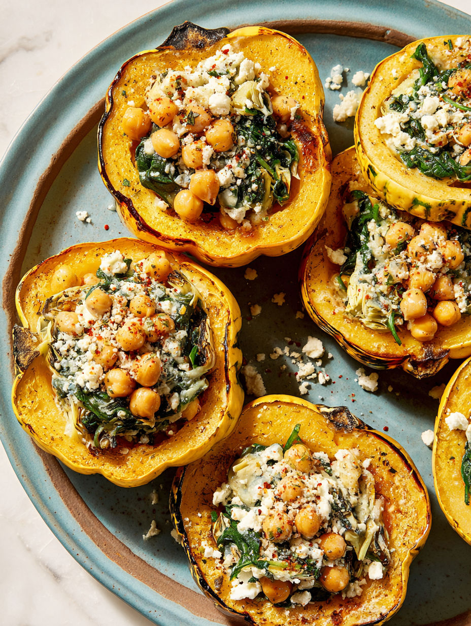 A plate of roasted carnival squash with savory chickpea filling.
