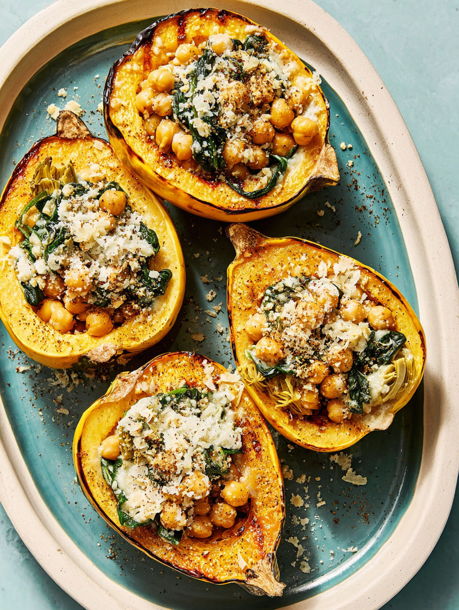 Roasted carnival squash with savory chickpea filling.